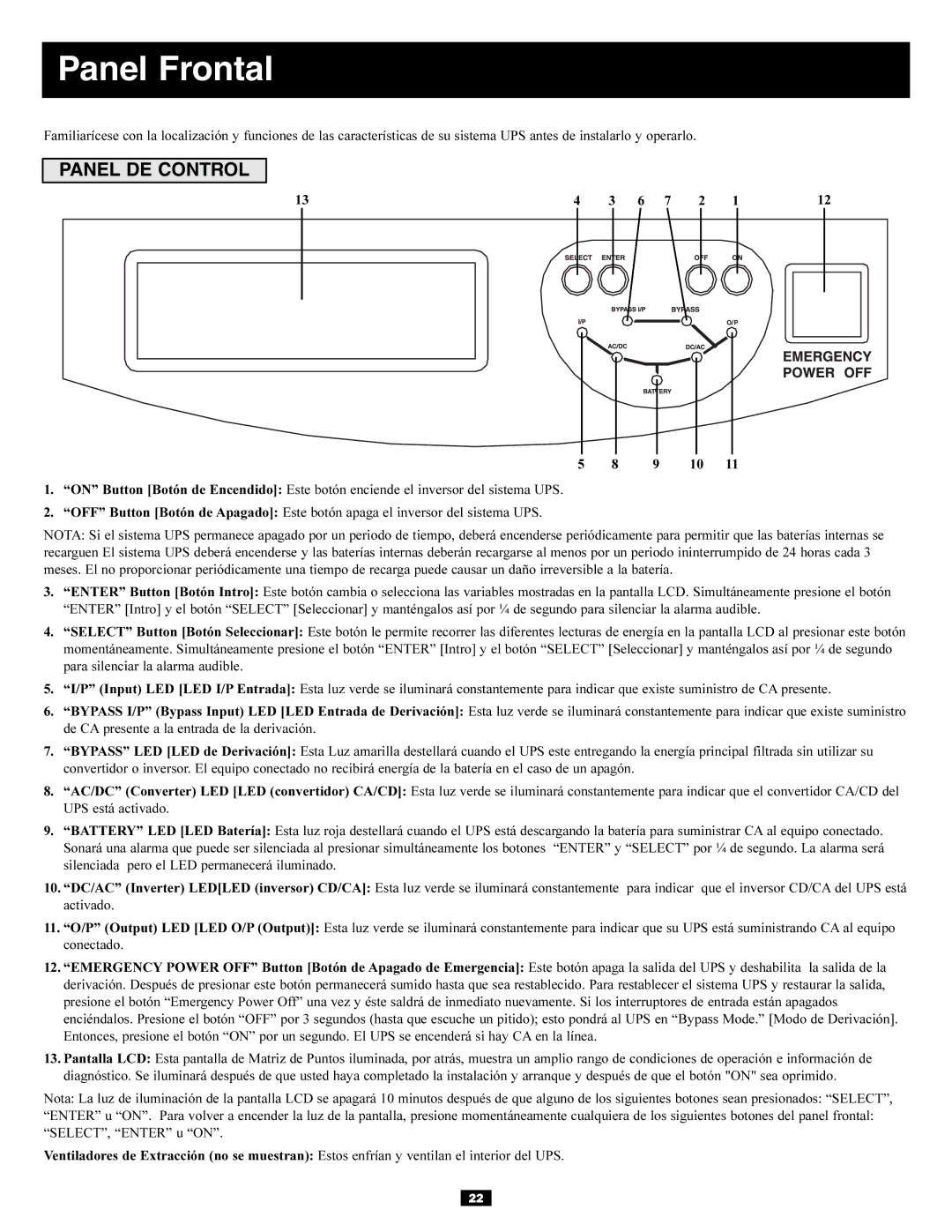 Tripp Lite 20KVA owner manual Panel Frontal, Panel DE Control 