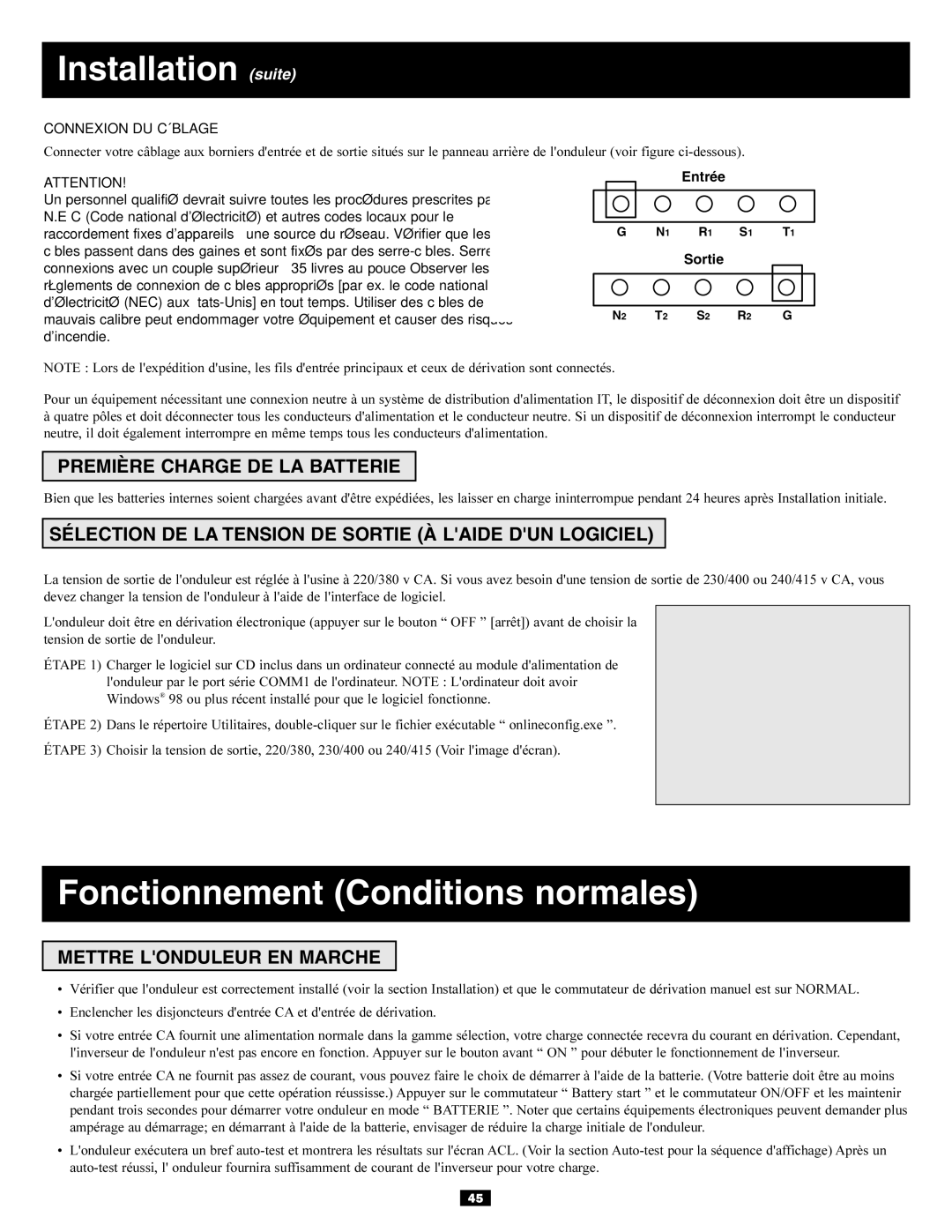 Tripp Lite 20KVA owner manual Installation suite, Fonctionnement Conditions normales, Première Charge DE LA Batterie 
