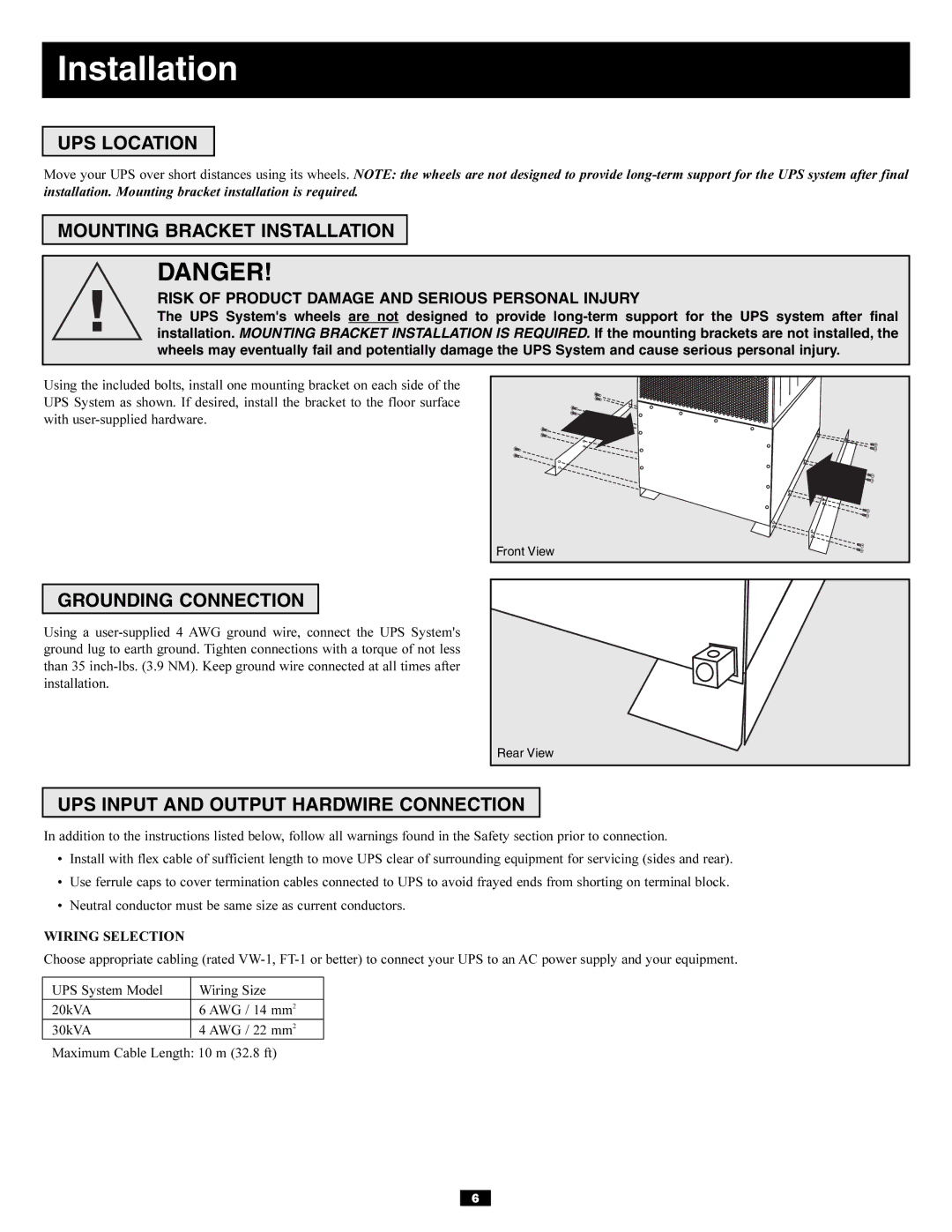 Tripp Lite 20KVA owner manual UPS Location, Mounting Bracket Installation, Grounding Connection 