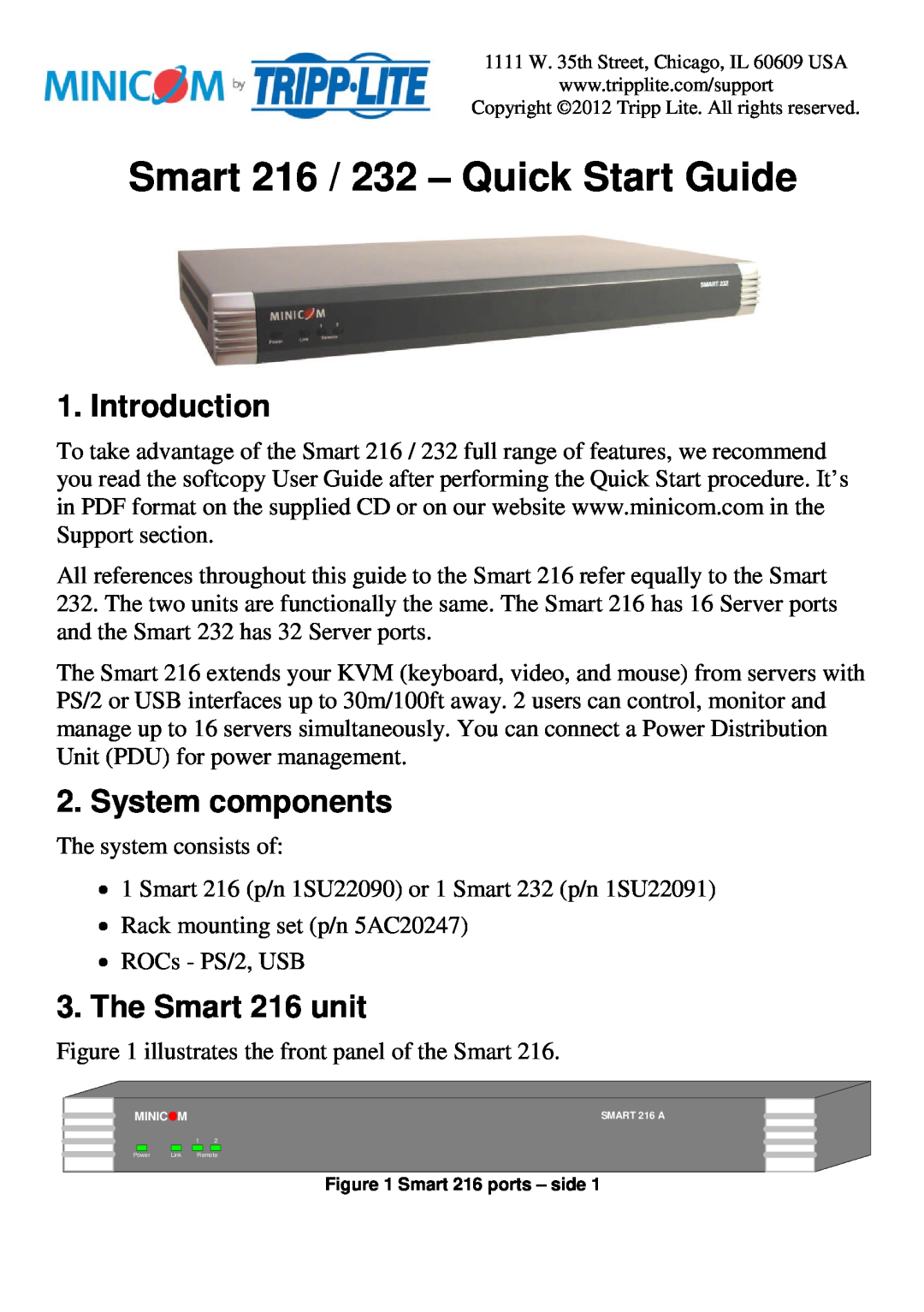 Tripp Lite quick start Introduction, System components, The Smart 216 unit, Smart 216 / 232 - Quick Start Guide 
