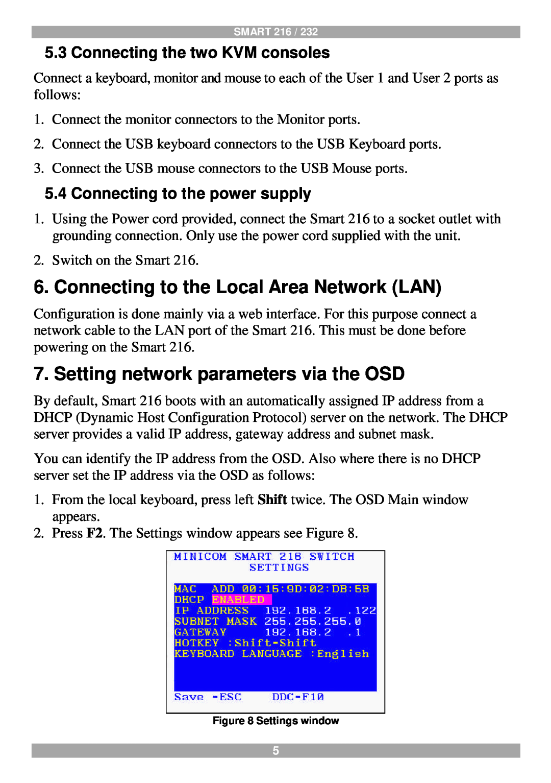 Tripp Lite 216, 232 quick start Connecting to the Local Area Network LAN, Setting network parameters via the OSD 