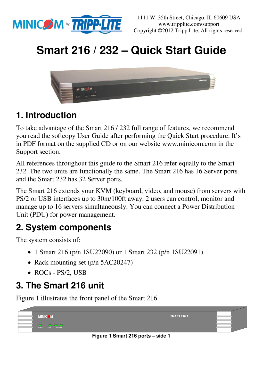 Tripp Lite 232 quick start Introduction, System components, Smart 216 unit 