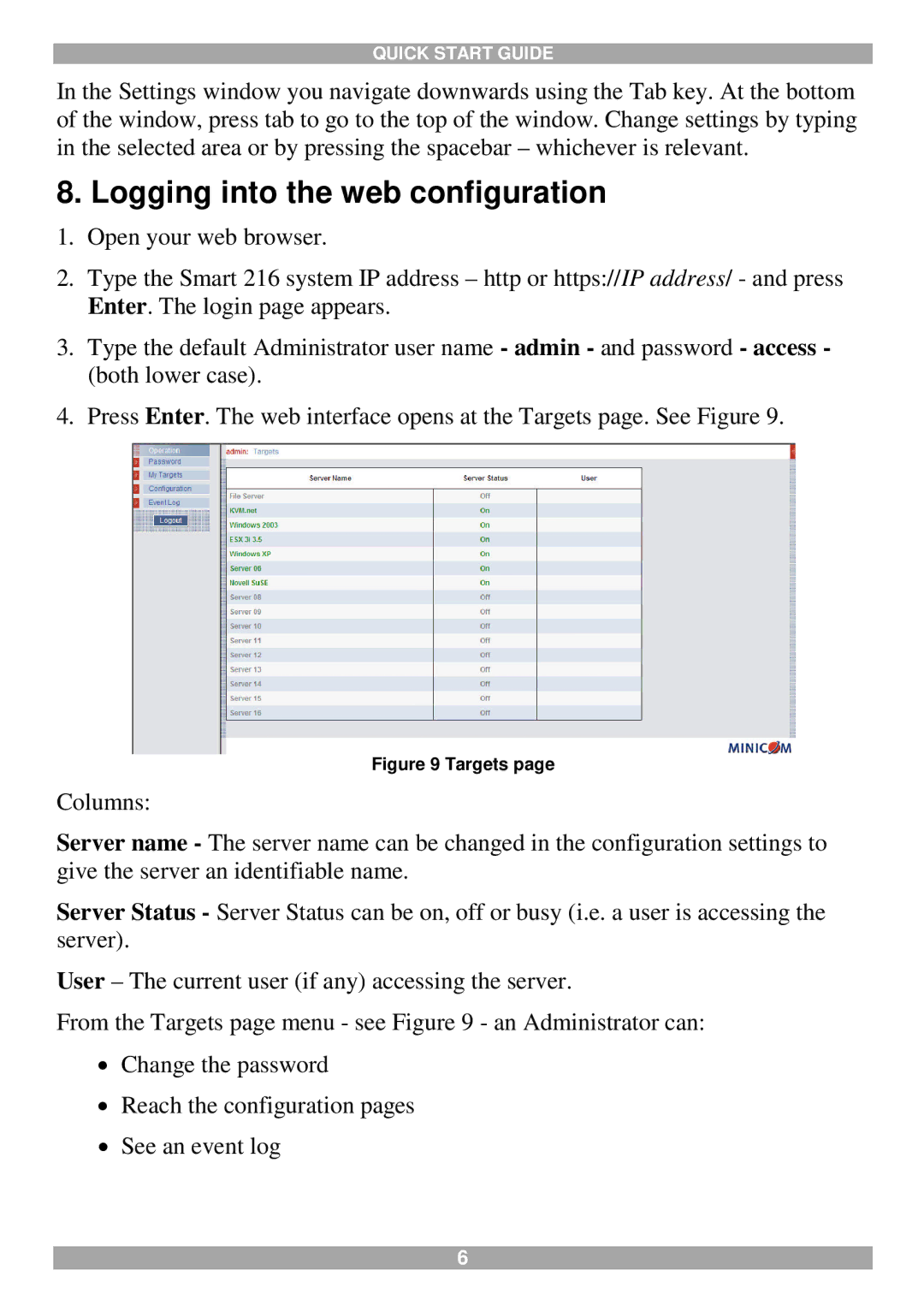 Tripp Lite 232, 216 quick start Logging into the web configuration, Targets 