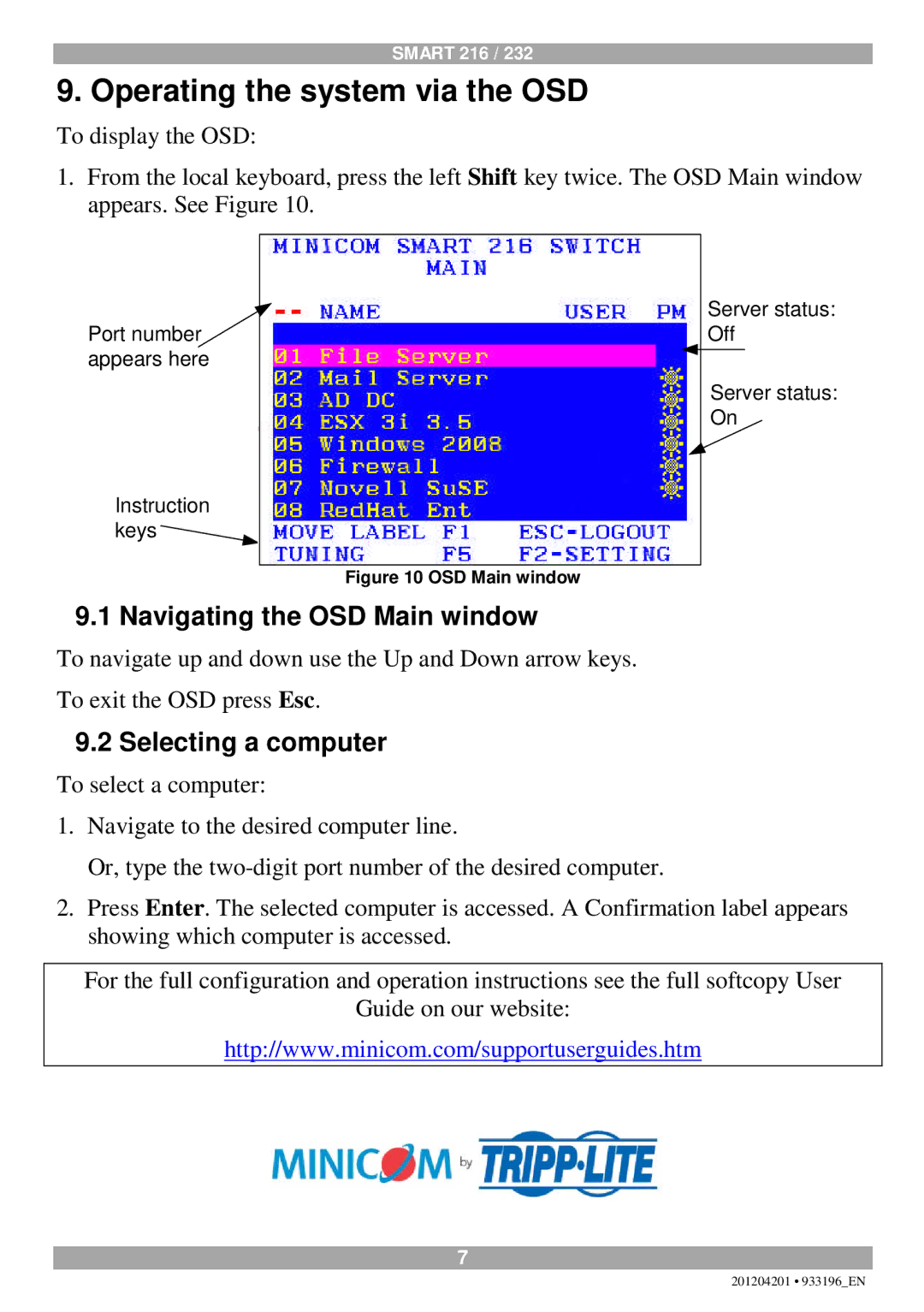 Tripp Lite 216, 232 quick start Operating the system via the OSD, Navigating the OSD Main window, Selecting a computer 