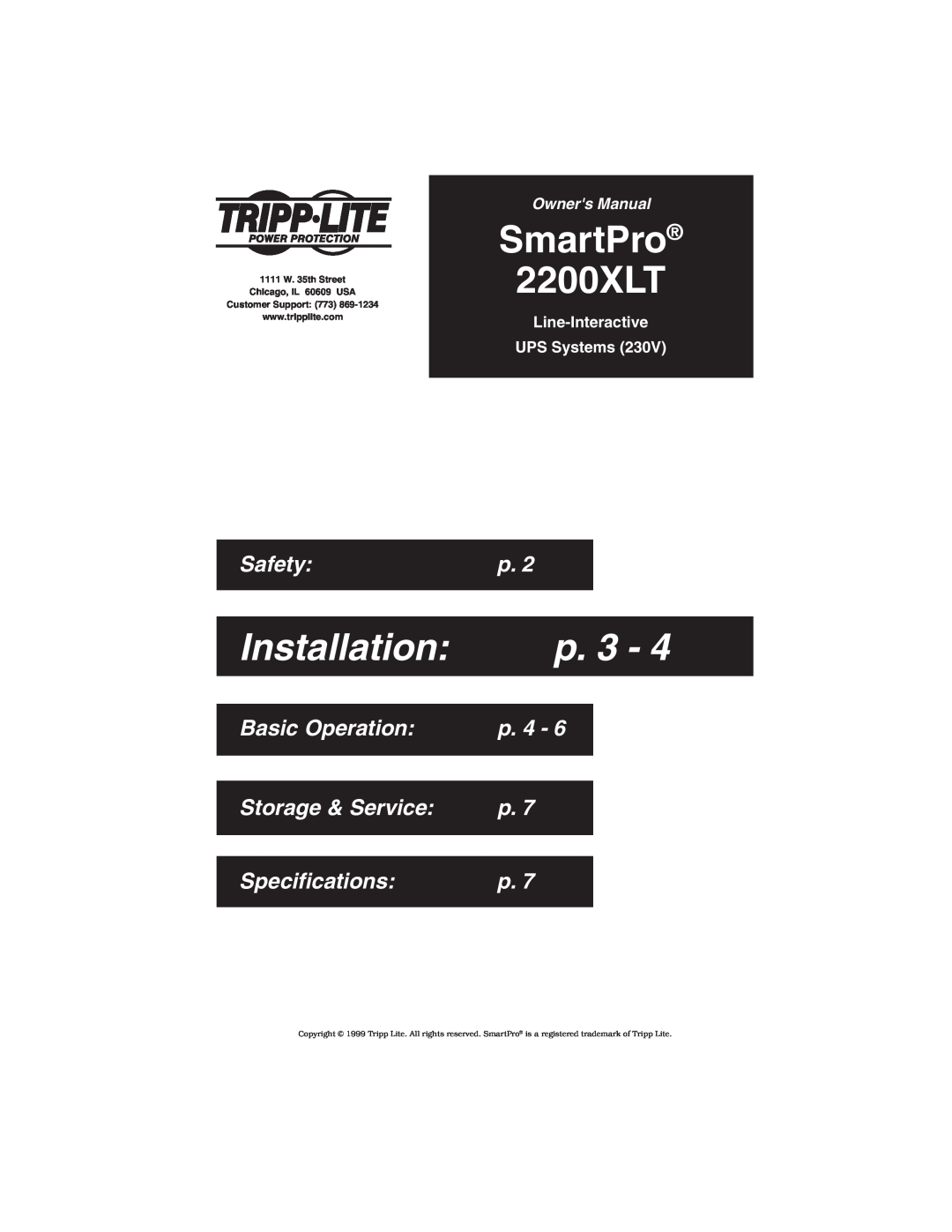 Tripp Lite specifications SmartPro 2200XLT, Installation, p. 3, Safety, Basic Operation, Storage & Service 