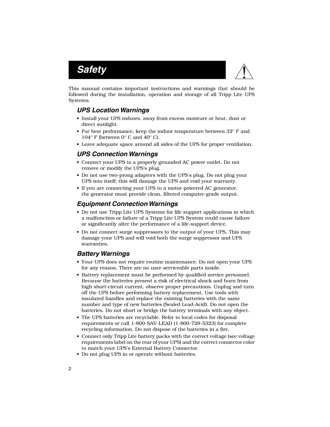 Tripp Lite 2200XLT Safety, UPS Location Warnings, UPS Connection Warnings, Equipment Connection Warnings, Battery Warnings 