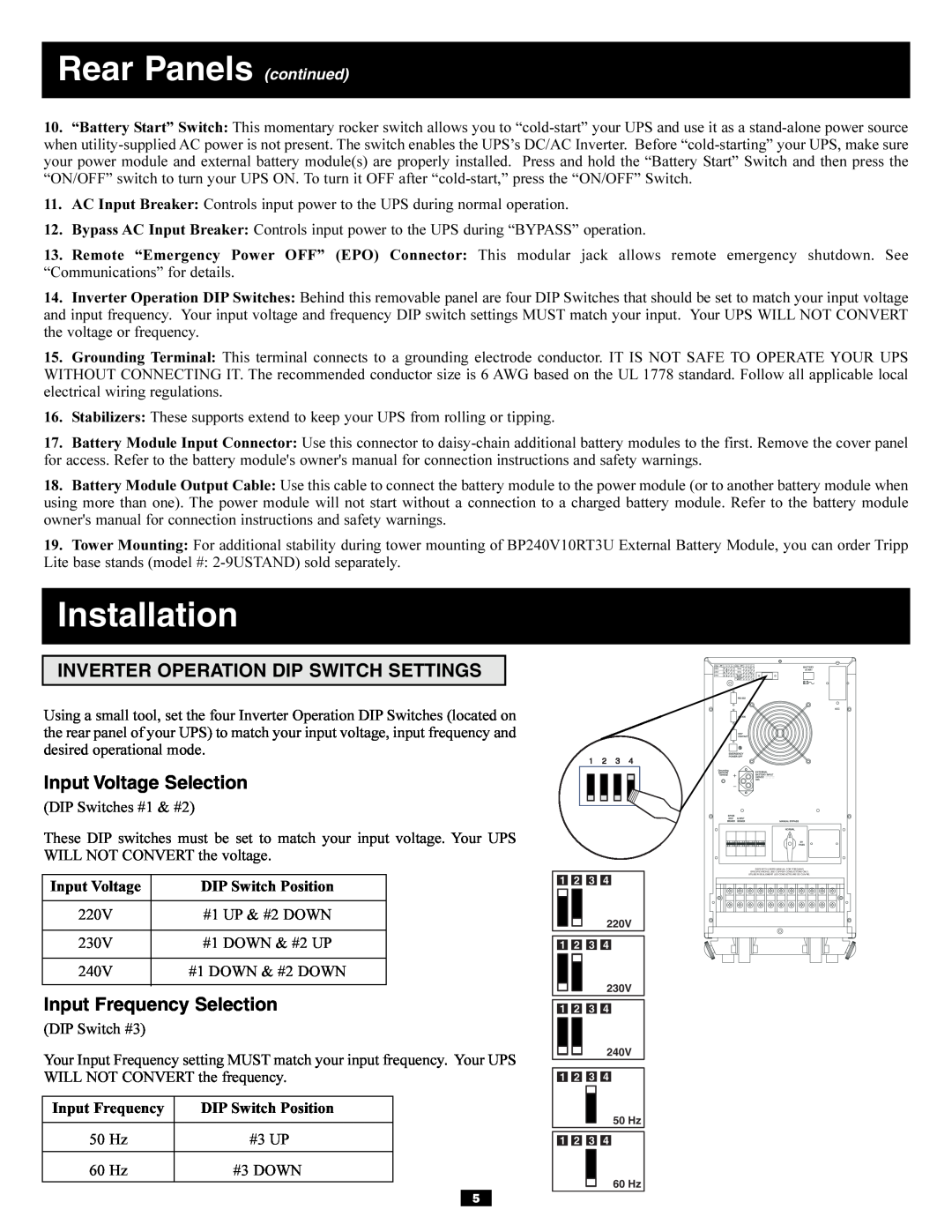 Tripp Lite 220/230/240V AC / 12W owner manual Rear Panels continued, Installation, Inverter Operation Dip Switch Settings 
