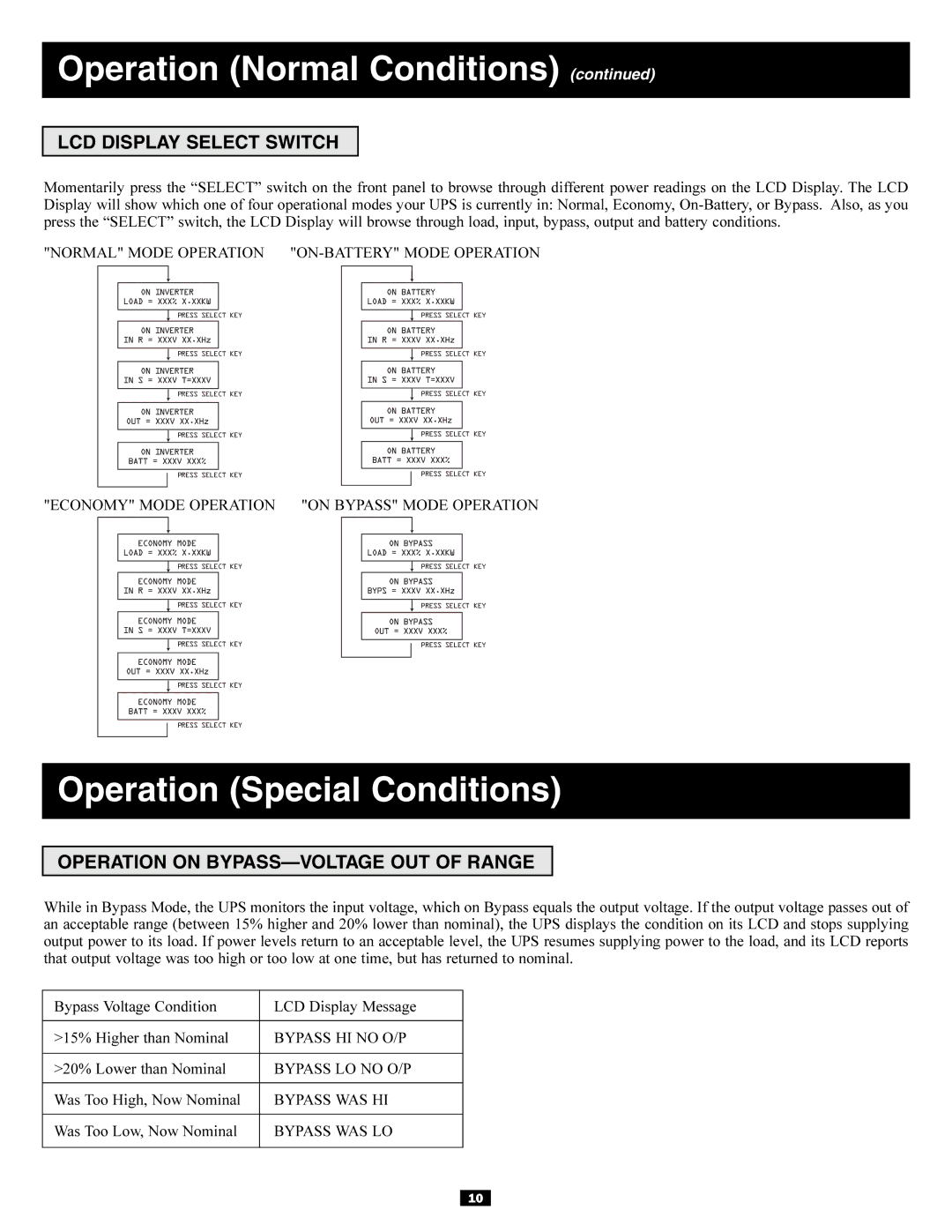 Tripp Lite 220/230/240V AC / 12W owner manual Operation Special Conditions, LCD Display Select Switch 