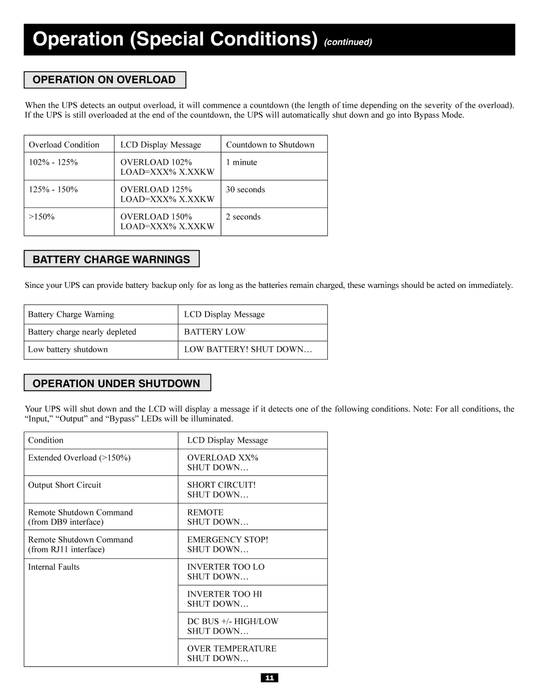 Tripp Lite 220/230/240V AC / 12W owner manual Operation on Overload, Battery Charge Warnings, Operation Under Shutdown 