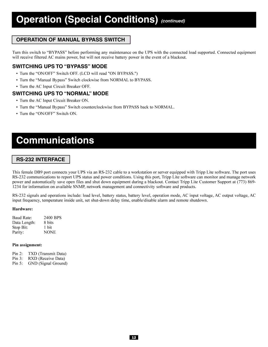 Tripp Lite 220/230/240V AC / 12W Communications, Operation of Manual Bypass Switch, Switching UPS to Bypass Mode 