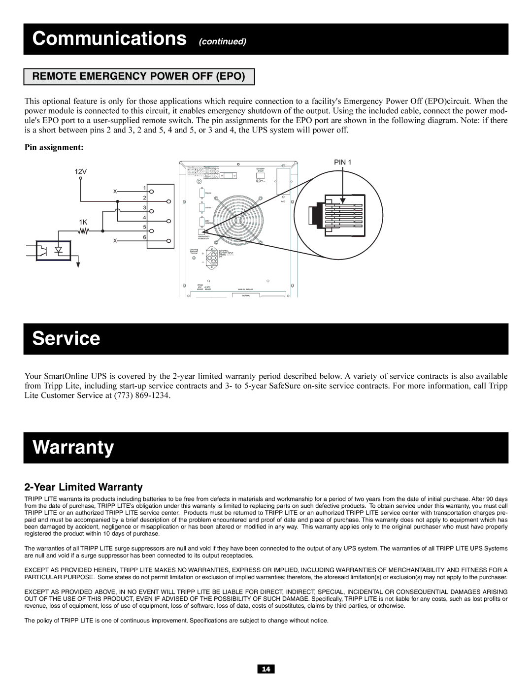 Tripp Lite 220/230/240V AC / 12W owner manual Service, Remote Emergency Power OFF EPO, Year Limited Warranty 