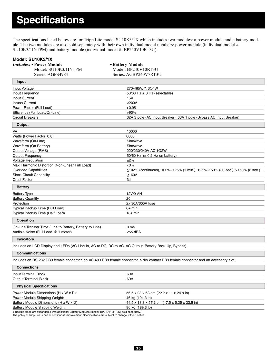 Tripp Lite 220/230/240V AC / 12W owner manual Specifications, Model SU10K3/1X 