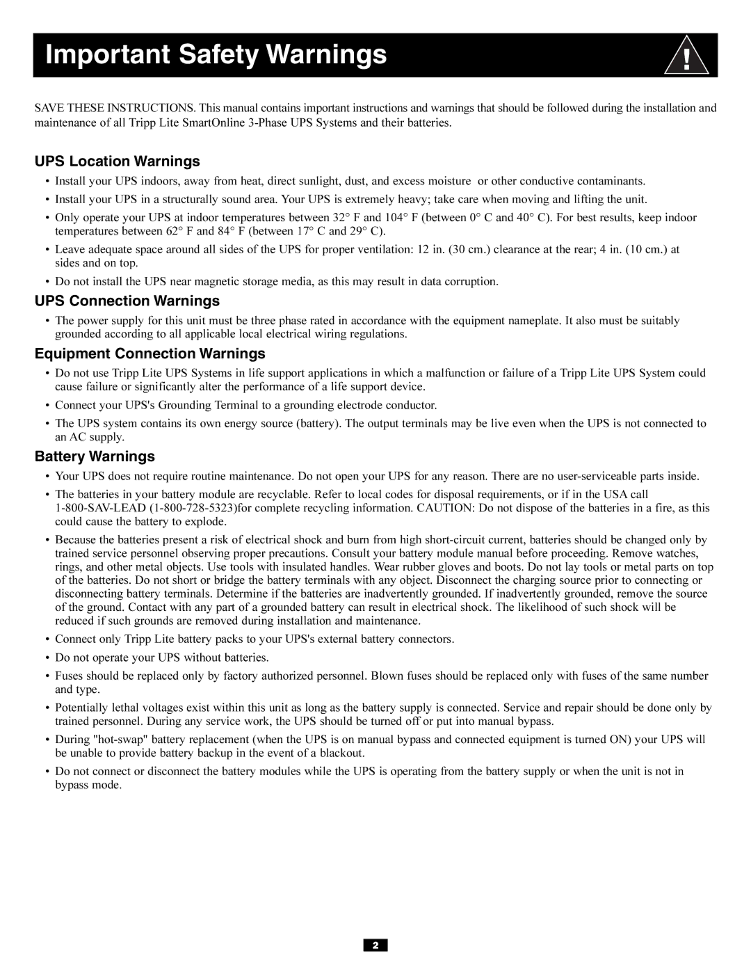 Tripp Lite 220/230/240V AC / 12W owner manual Important Safety Warnings, UPS Location Warnings, UPS Connection Warnings 