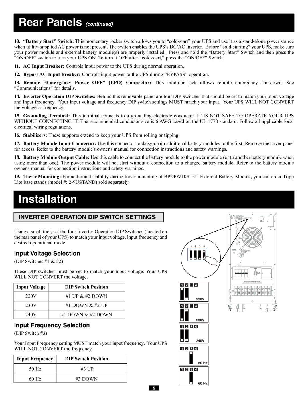 Tripp Lite 220/230/240V AC / 12W owner manual Installation, Inverter Operation DIP Switch Settings, Input Voltage Selection 