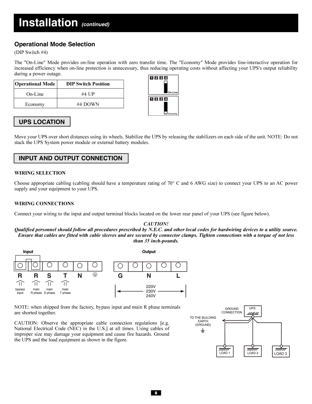 Tripp Lite 220/230/240V AC / 12W owner manual Operational Mode Selection, UPS Location, Input and Output Connection 