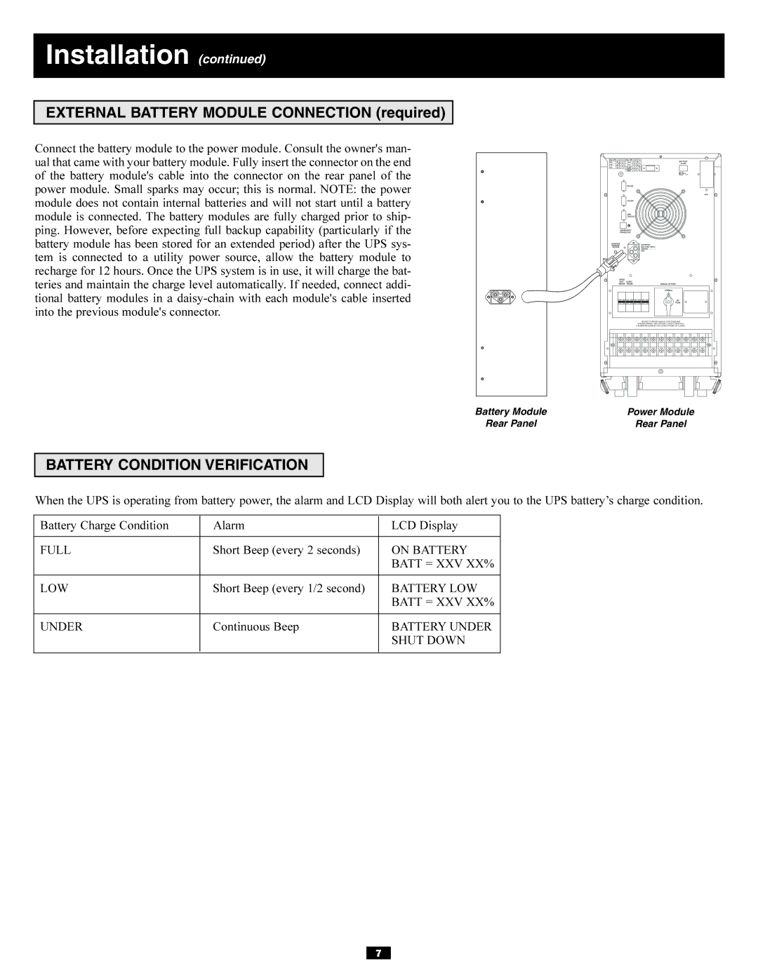 Tripp Lite 220/230/240V AC / 12W owner manual External Battery Module Connection required, Battery Condition Verification 