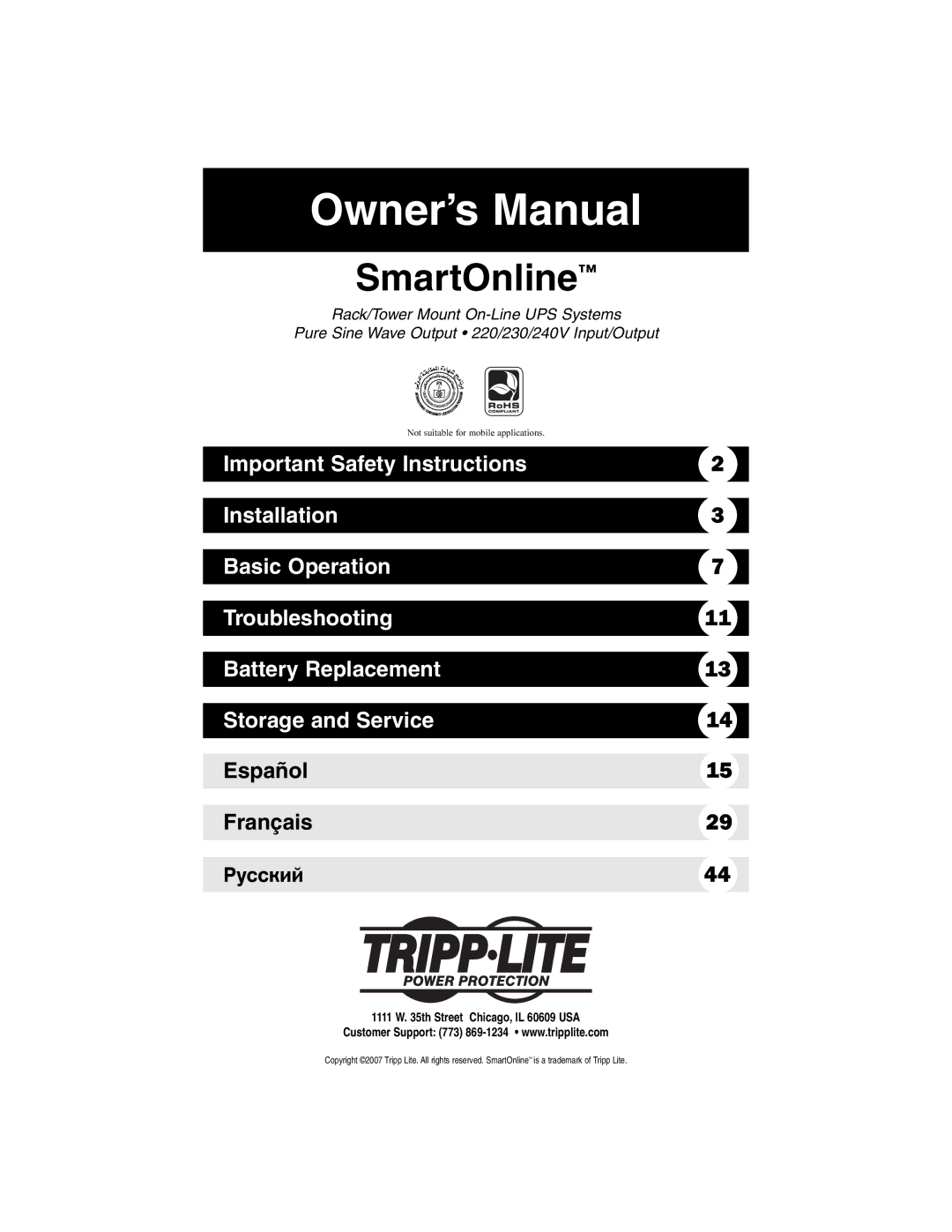 Tripp Lite 220/230/240V Input/Output owner manual SmartOnline, Th Street Chicago, IL 60609 USA 