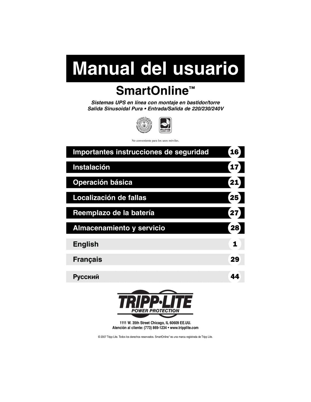 Tripp Lite 220/230/240V Input/Output owner manual Manual del usuario, Th Street Chicago, IL 60609 EE.UU 