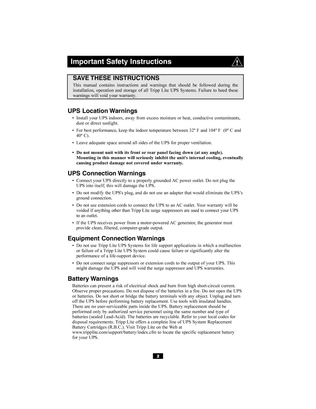 Tripp Lite 220/230/240V Input/Output owner manual Important Safety Instructions, UPS Location Warnings 