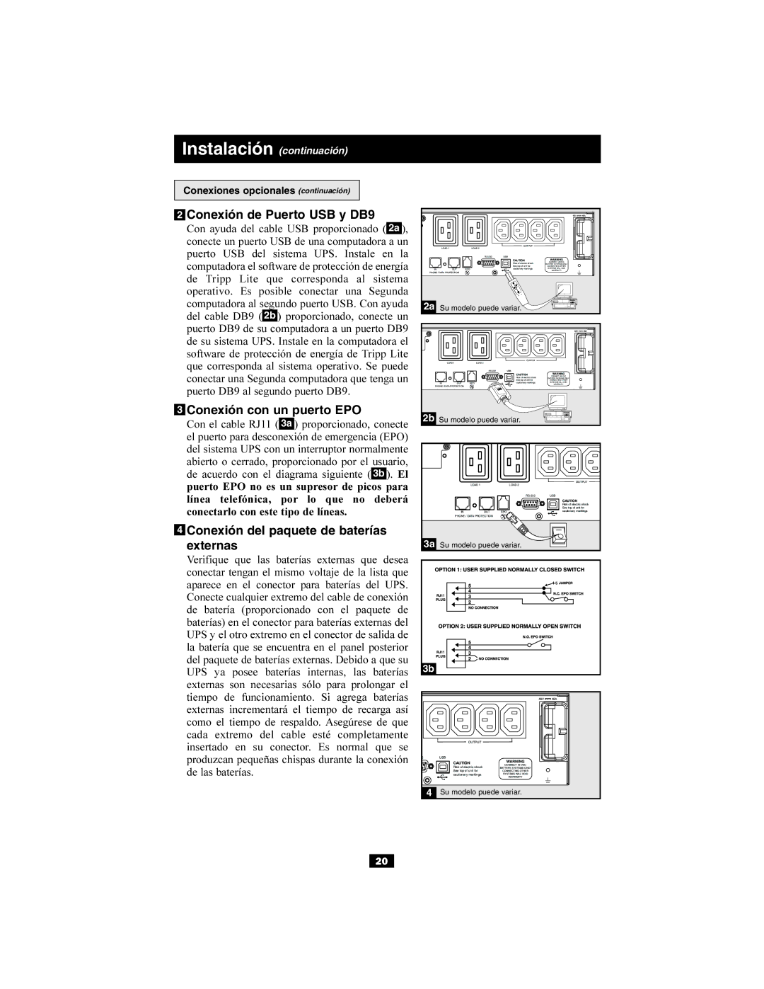 Tripp Lite 220/230/240V Input/Output owner manual Conexión de Puerto USB y DB9, Conexión con un puerto EPO 