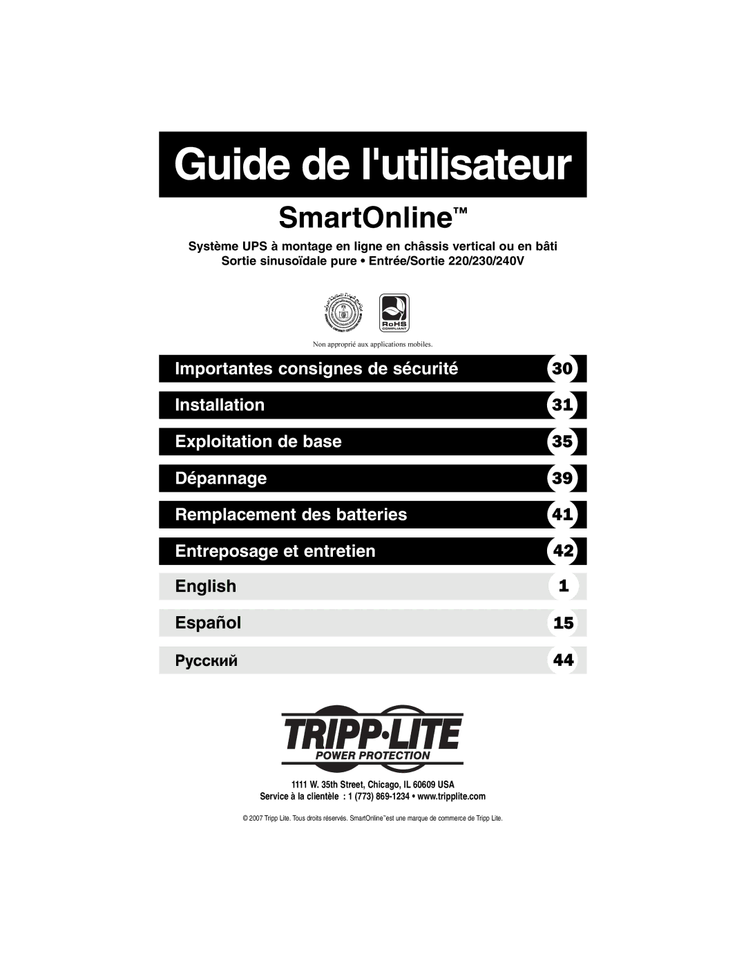 Tripp Lite 220/230/240V Input/Output owner manual Guide de lutilisateur, Th Street, Chicago, IL 60609 USA 