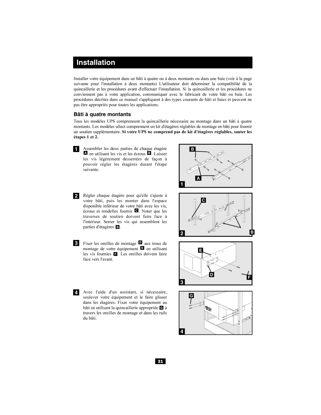 Tripp Lite 220/230/240V Input/Output owner manual Bâti à quatre montants 