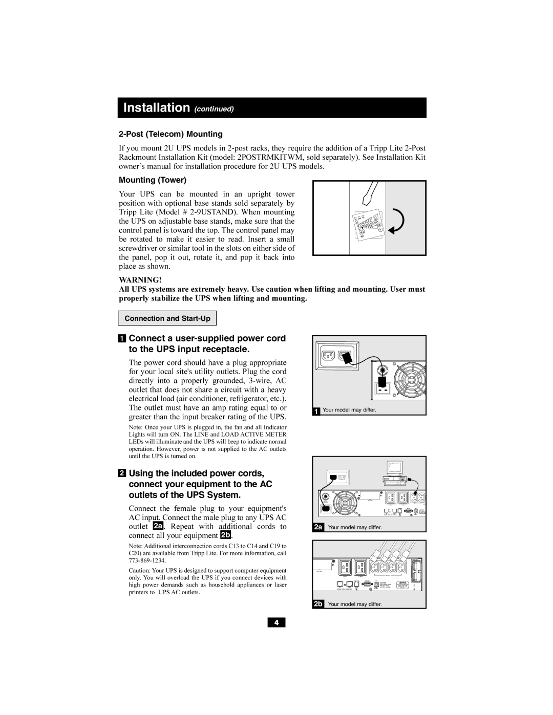 Tripp Lite 220/230/240V Input/Output owner manual Post Telecom Mounting Mounting Tower, Connection and Start-Up 