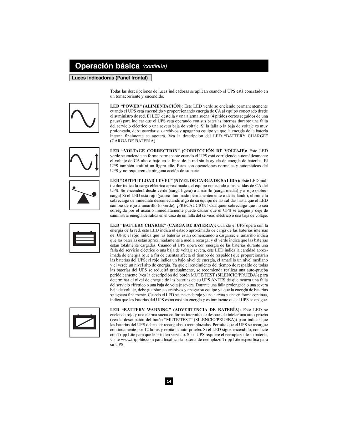 Tripp Lite 220/230/240V Pure Sine Wave Input/Output owner manual Operación básica continúa, Luces indicadoras Panel frontal 