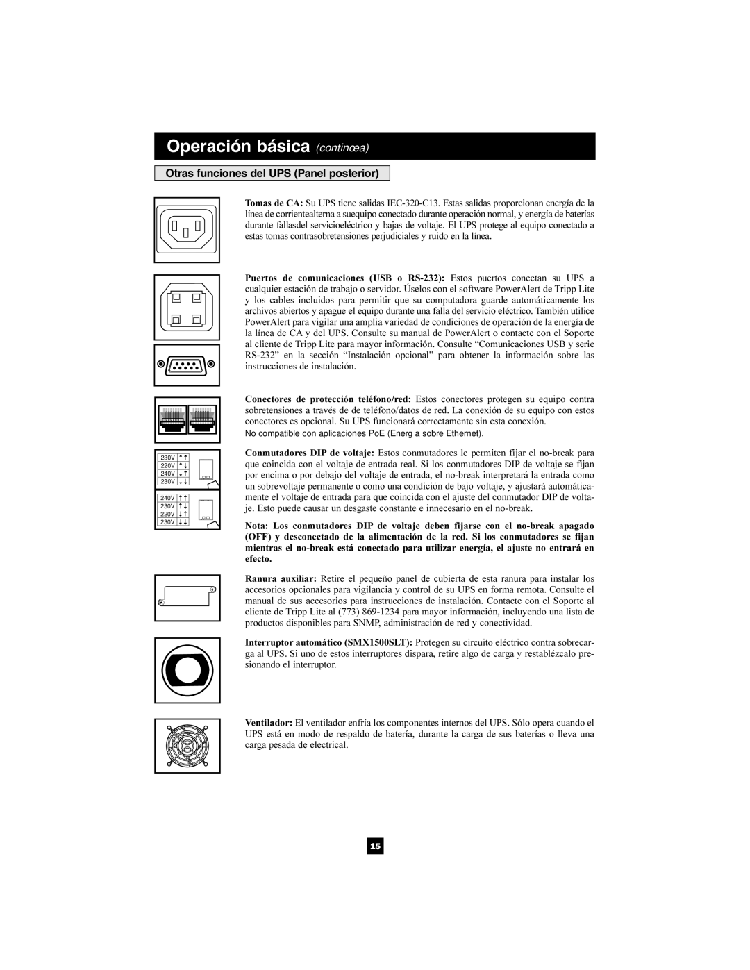 Tripp Lite 220/230/240V Pure Sine Wave Input/Output owner manual Otras funciones del UPS Panel posterior 