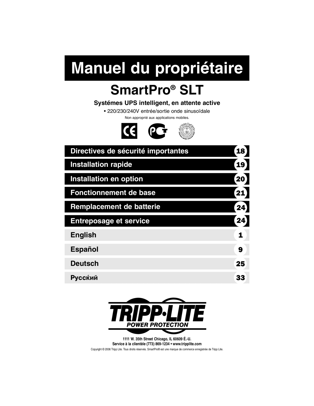 Tripp Lite 220/230/240V Pure Sine Wave Input/Output owner manual Manuel du propriétaire 