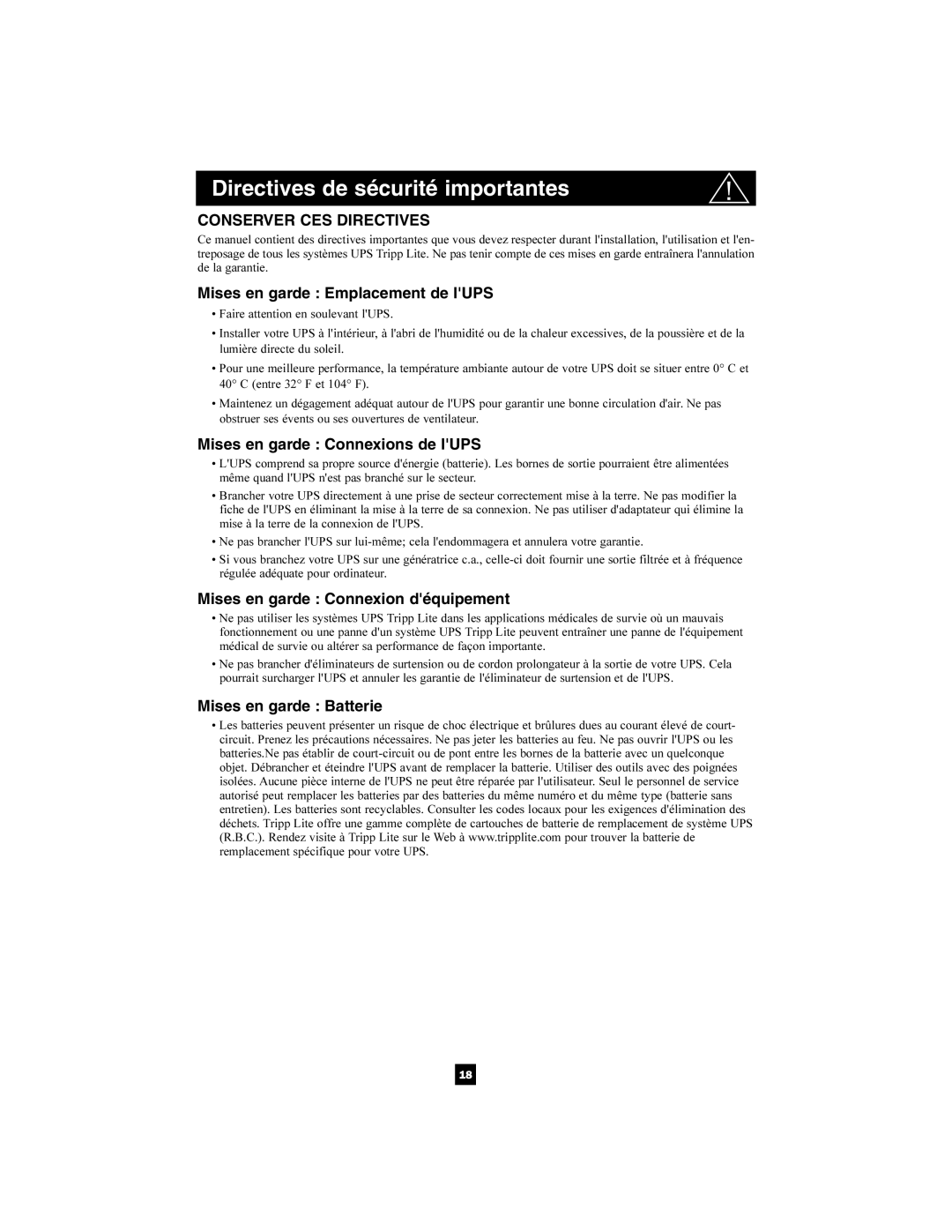 Tripp Lite 220/230/240V Pure Sine Wave Input/Output Directives de sécurité importantes, Mises en garde Emplacement de lUPS 