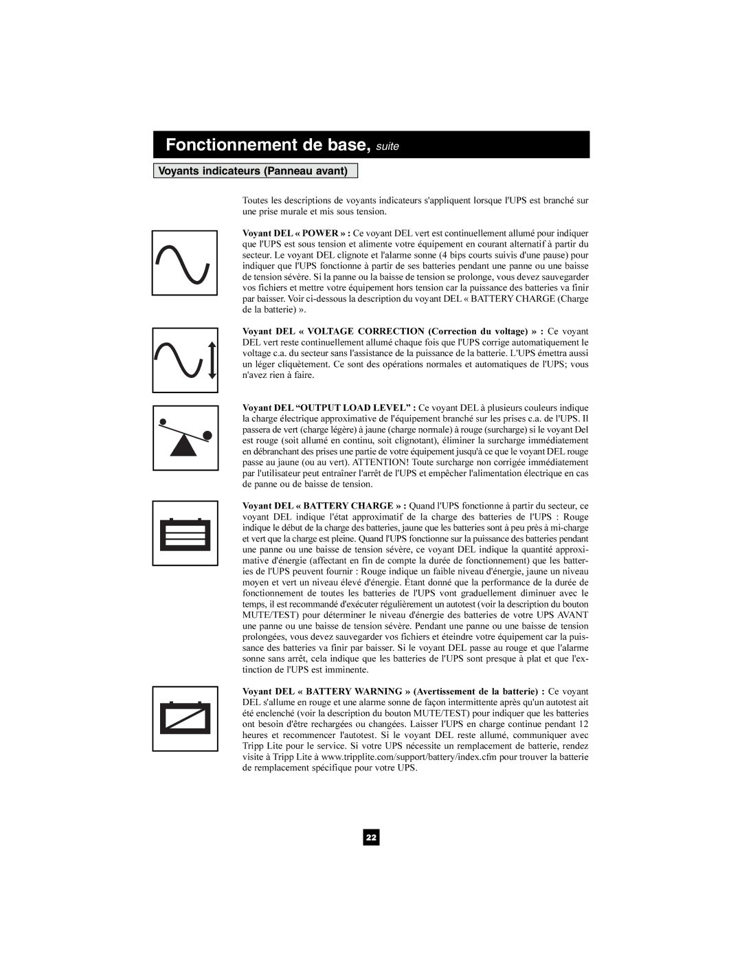 Tripp Lite 220/230/240V Pure Sine Wave Input/Output Fonctionnement de base, suite, Voyants indicateurs Panneau avant 