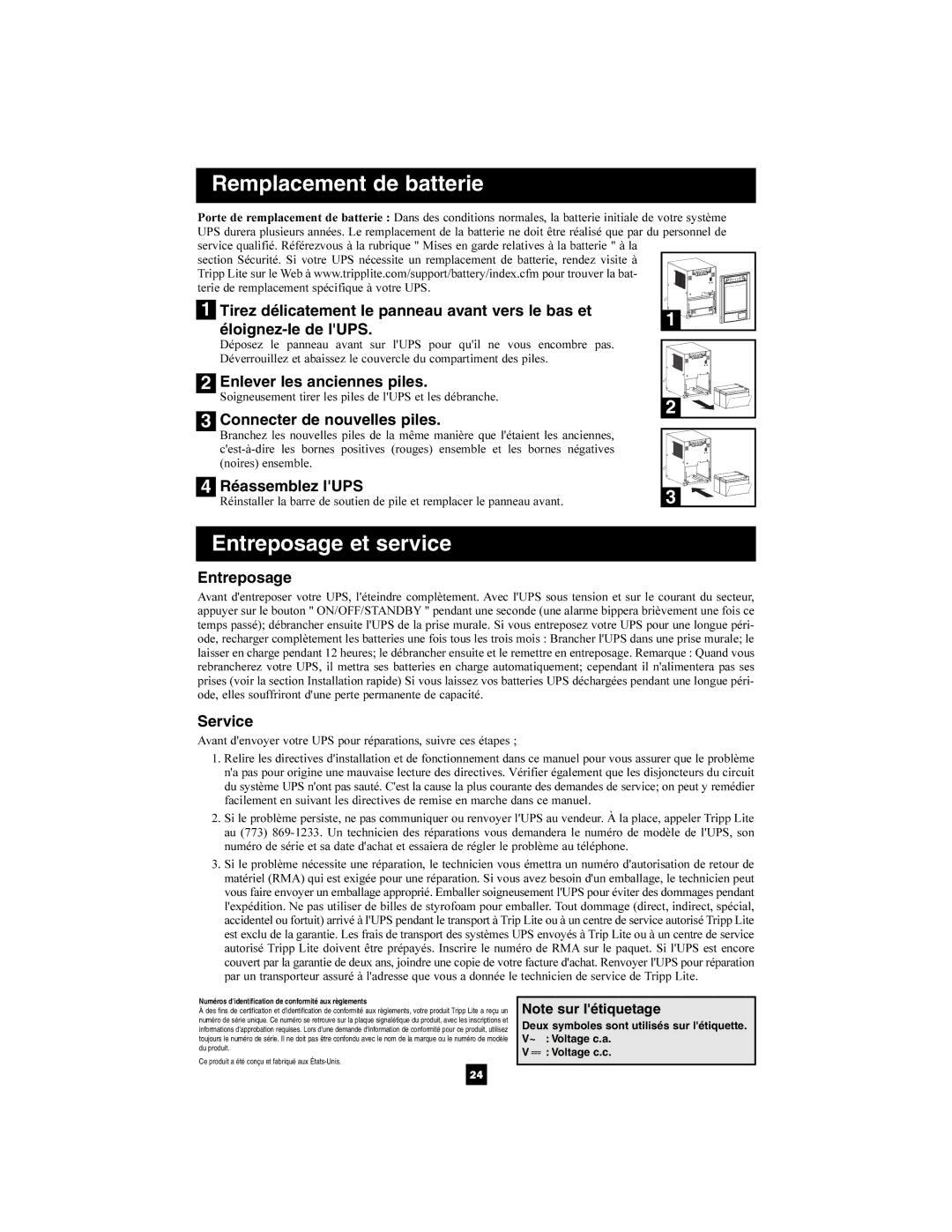 Tripp Lite 220/230/240V Pure Sine Wave Input/Output Enlever les anciennes piles, Connecter de nouvelles piles, Entreposage 