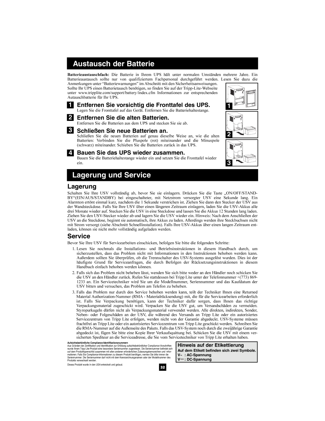 Tripp Lite 220/230/240V Pure Sine Wave Input/Output Schließen Sie neue Batterien an, Hinweis auf der Etikettierung 