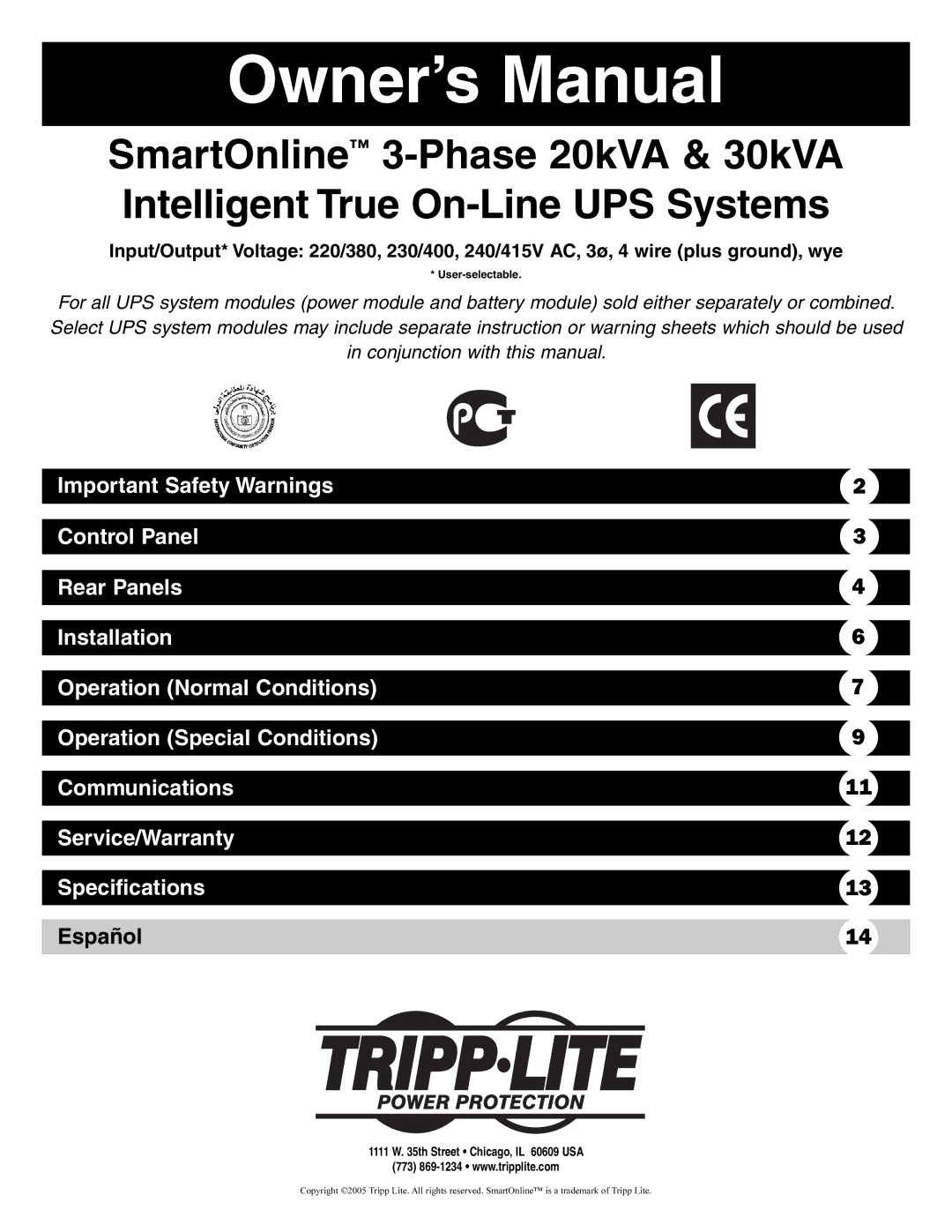 Tripp Lite 230/400, 220/380, 240/415V owner manual Español 