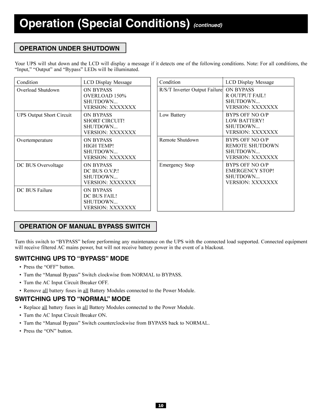 Tripp Lite 230/400, 220/380 Operation Under Shutdown, Operation of Manual Bypass Switch, Switching UPS to Bypass Mode 