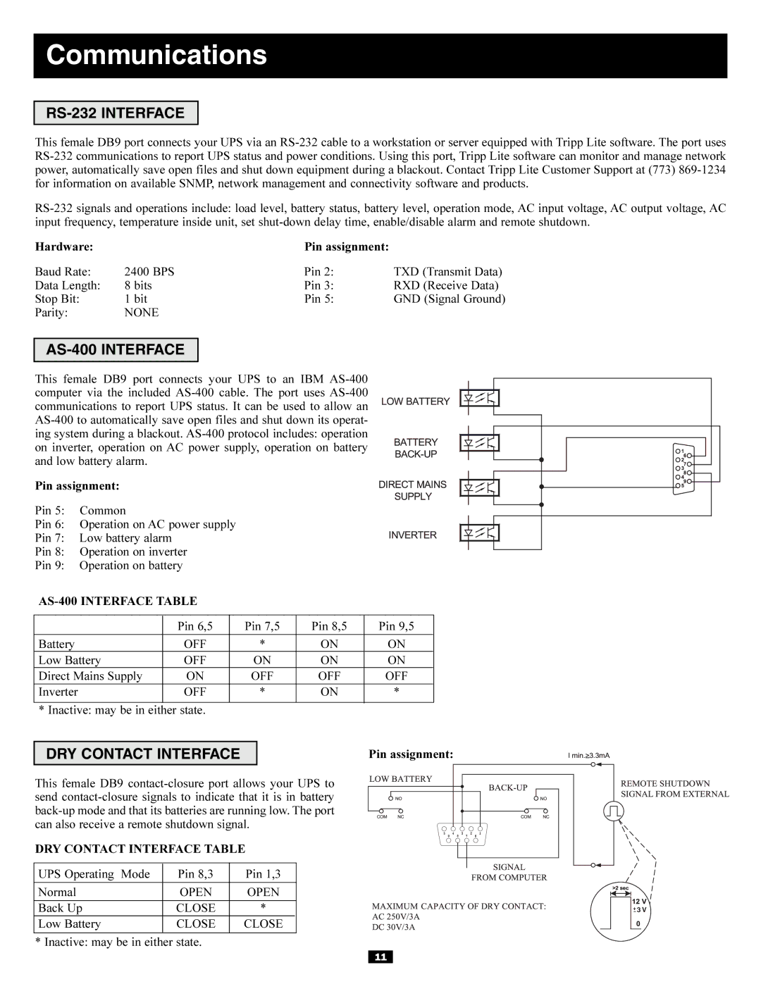 Tripp Lite 240/415V, 220/380, 230/400 owner manual Communications, RS-232 Interface, AS-400 Interface, DRY Contact Interface 