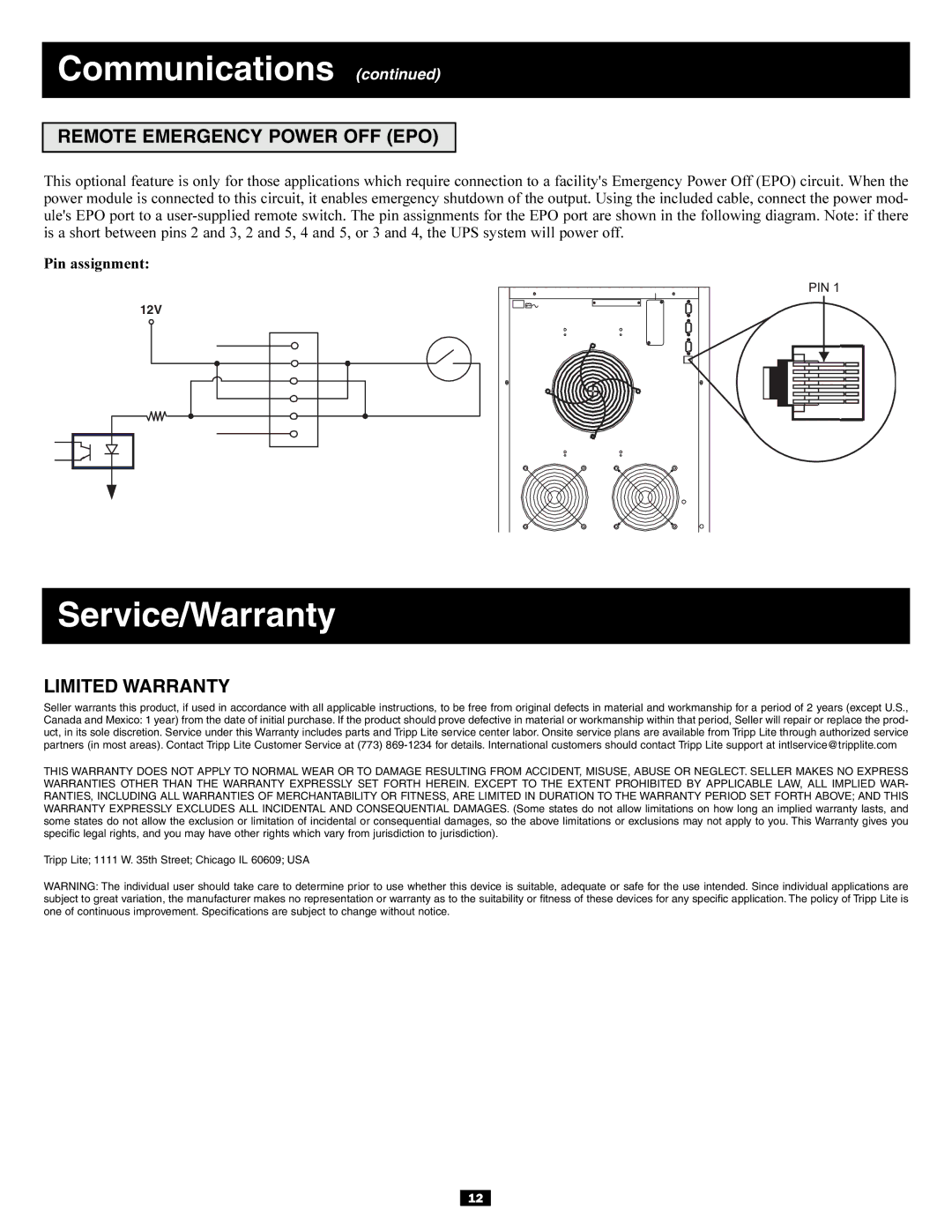 Tripp Lite 220/380, 230/400, 240/415V owner manual Service/Warranty, Remote Emergency Power OFF EPO, Limited Warranty 