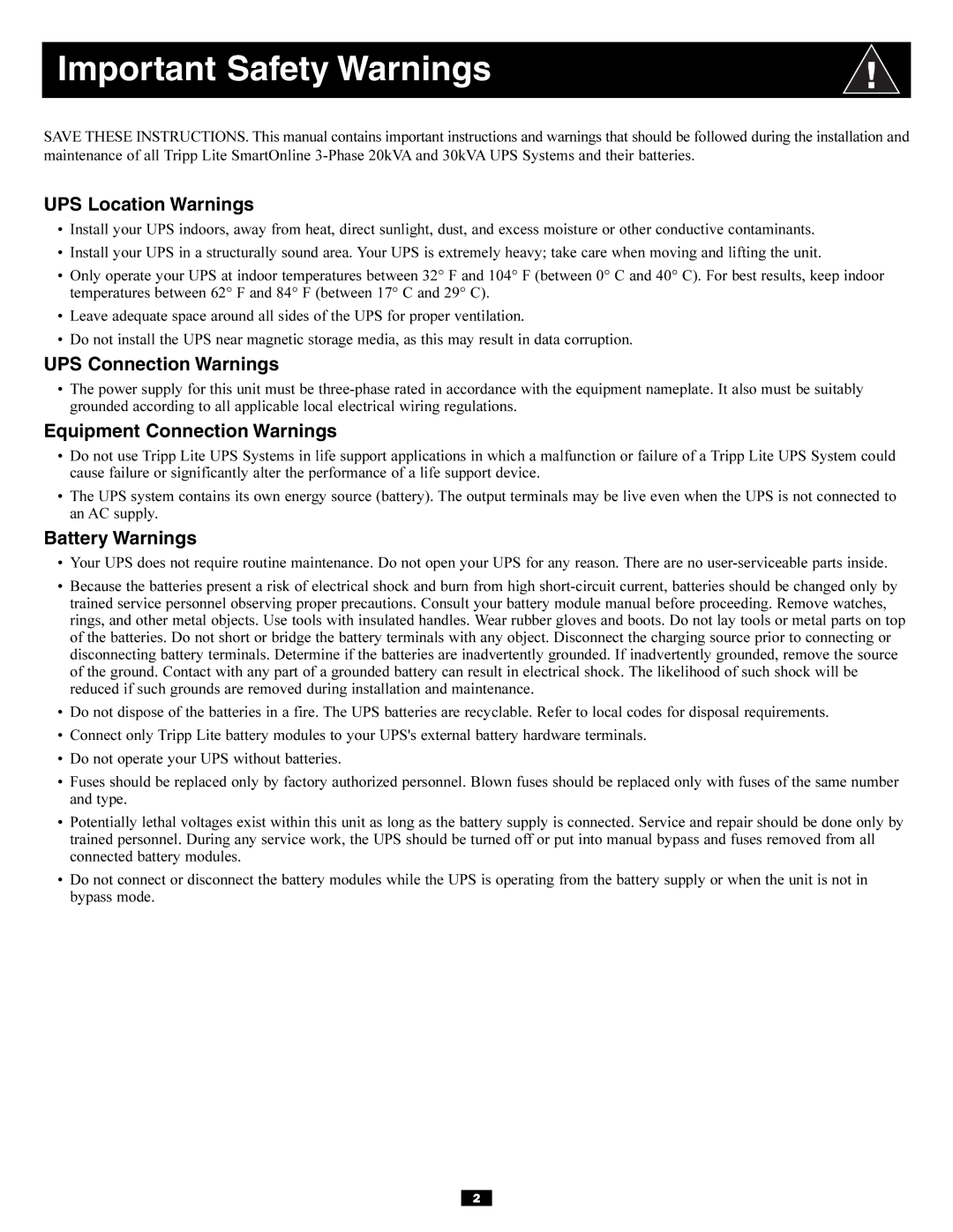 Tripp Lite 240/415V, 220/380, 230/400 owner manual Important Safety Warnings, UPS Location Warnings 