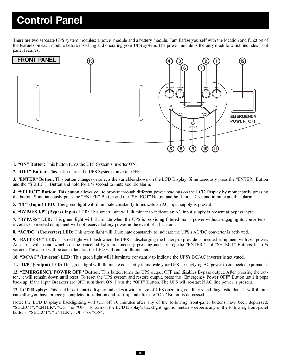 Tripp Lite 220/380, 230/400, 240/415V owner manual Control Panel, Front Panel 