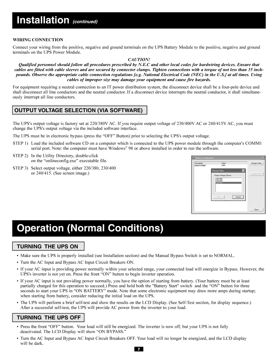 Tripp Lite 230/400, 220/380 Operation Normal Conditions, Output Voltage Selection VIA Software, Turning the UPS on 