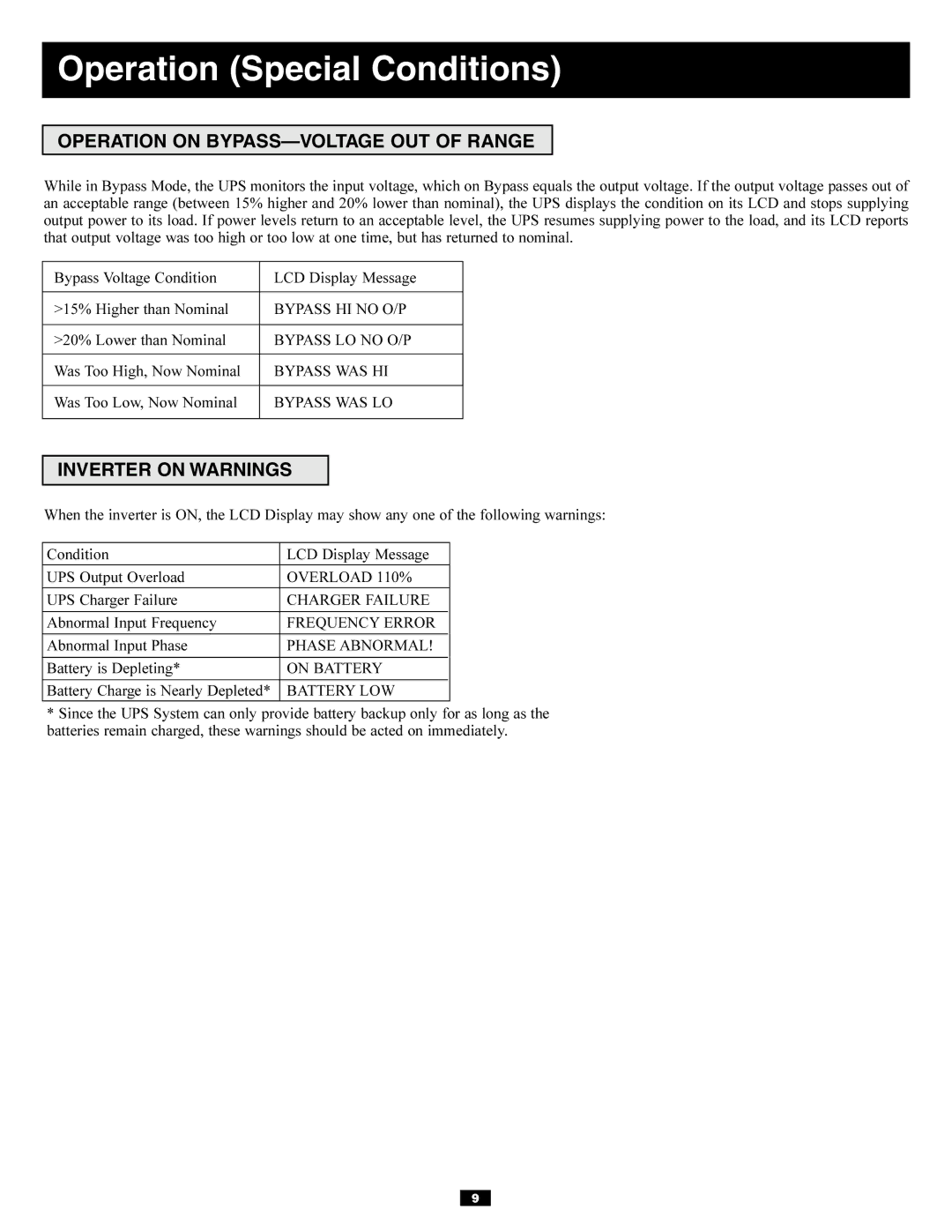 Tripp Lite 220/380, 230/400 Operation Special Conditions, Operation on BYPASS-VOLTAGE OUT of Range, Inverter on Warnings 