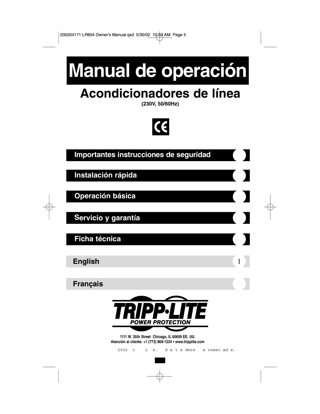 Tripp Lite 230V owner manual Manual de operación, Acondicionadores de línea 