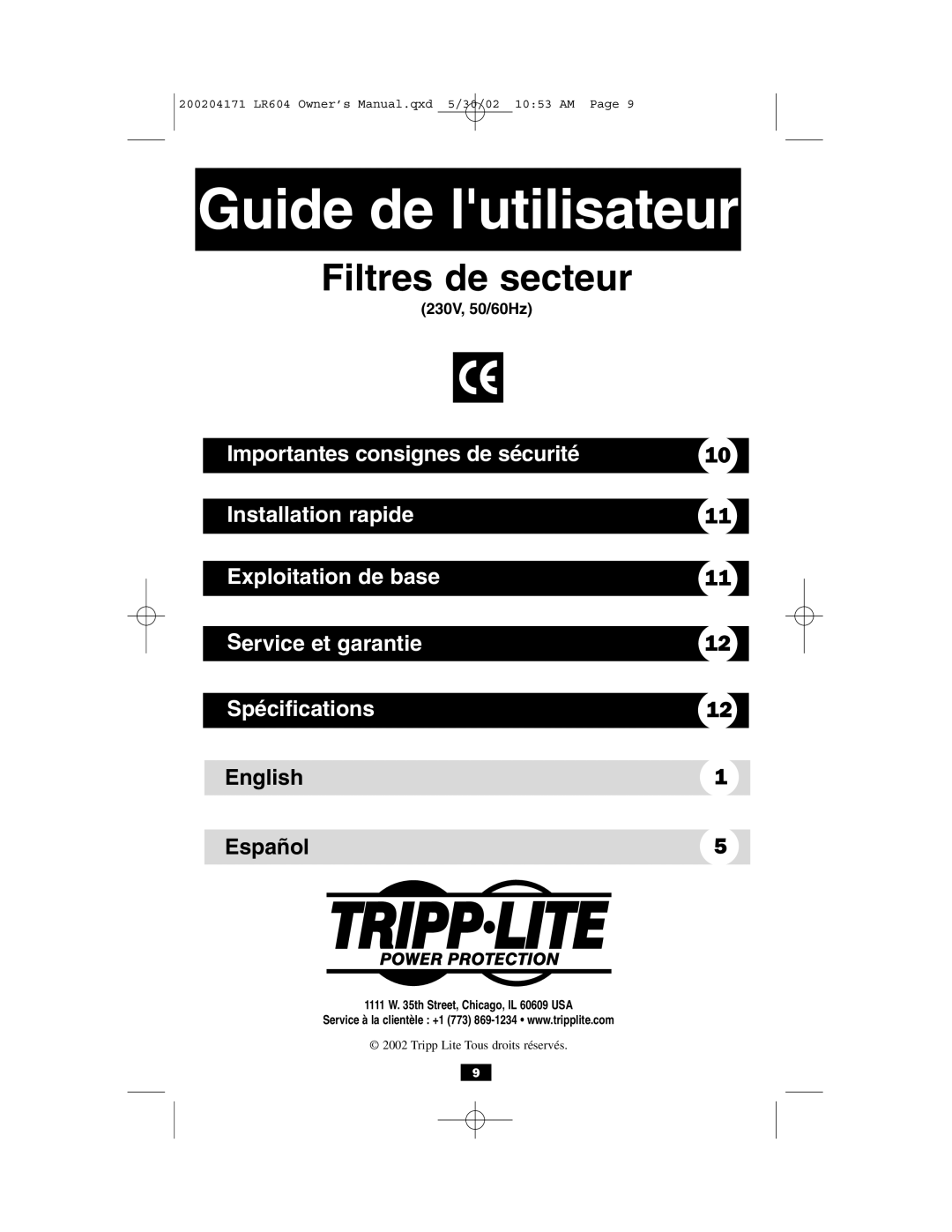 Tripp Lite 230V owner manual Guide de lutilisateur, Filtres de secteur 