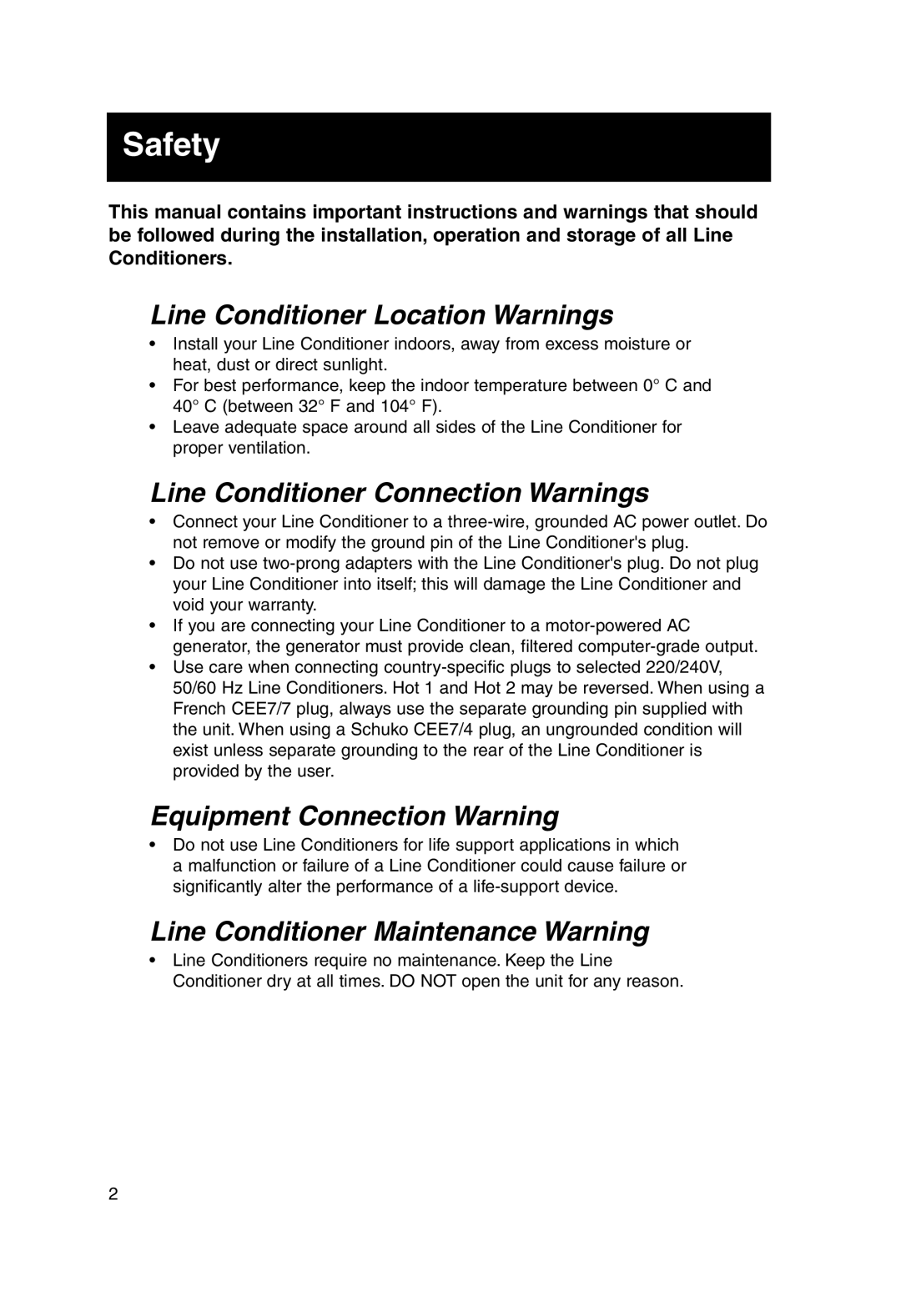 Tripp Lite 230V owner manual Safety, Line Conditioner Location Warnings, Line Conditioner Connection Warnings 