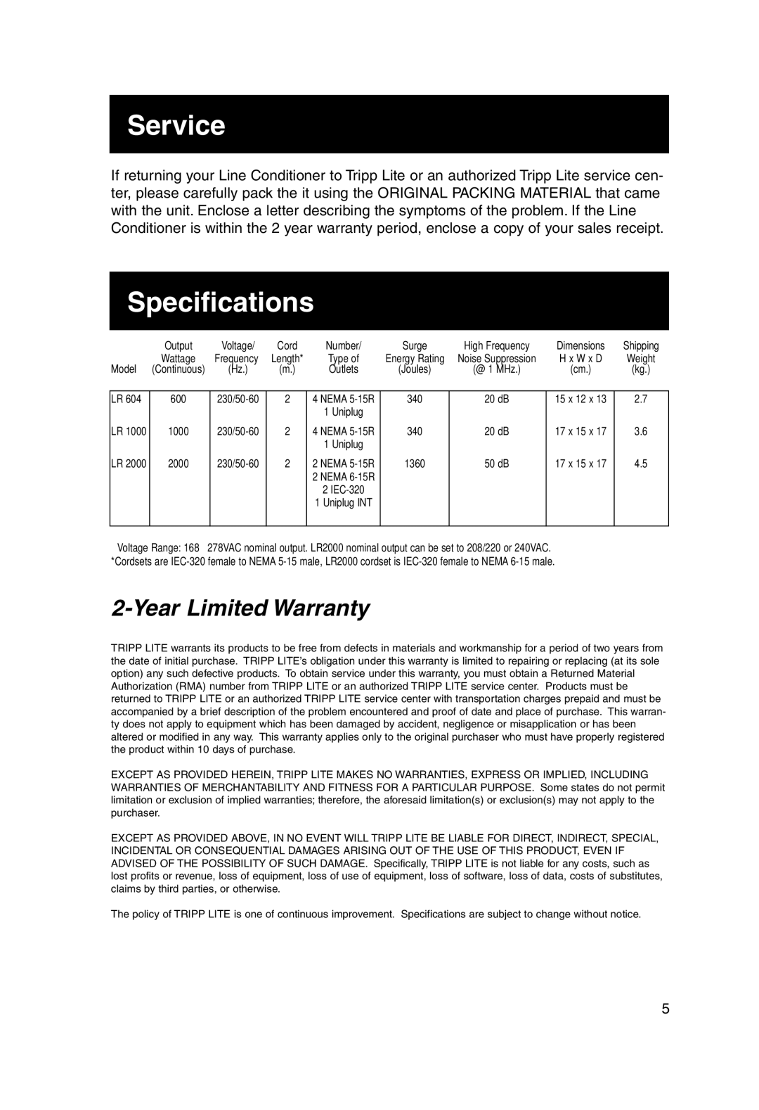 Tripp Lite 230V owner manual Service, Specifications, Year Limited Warranty 