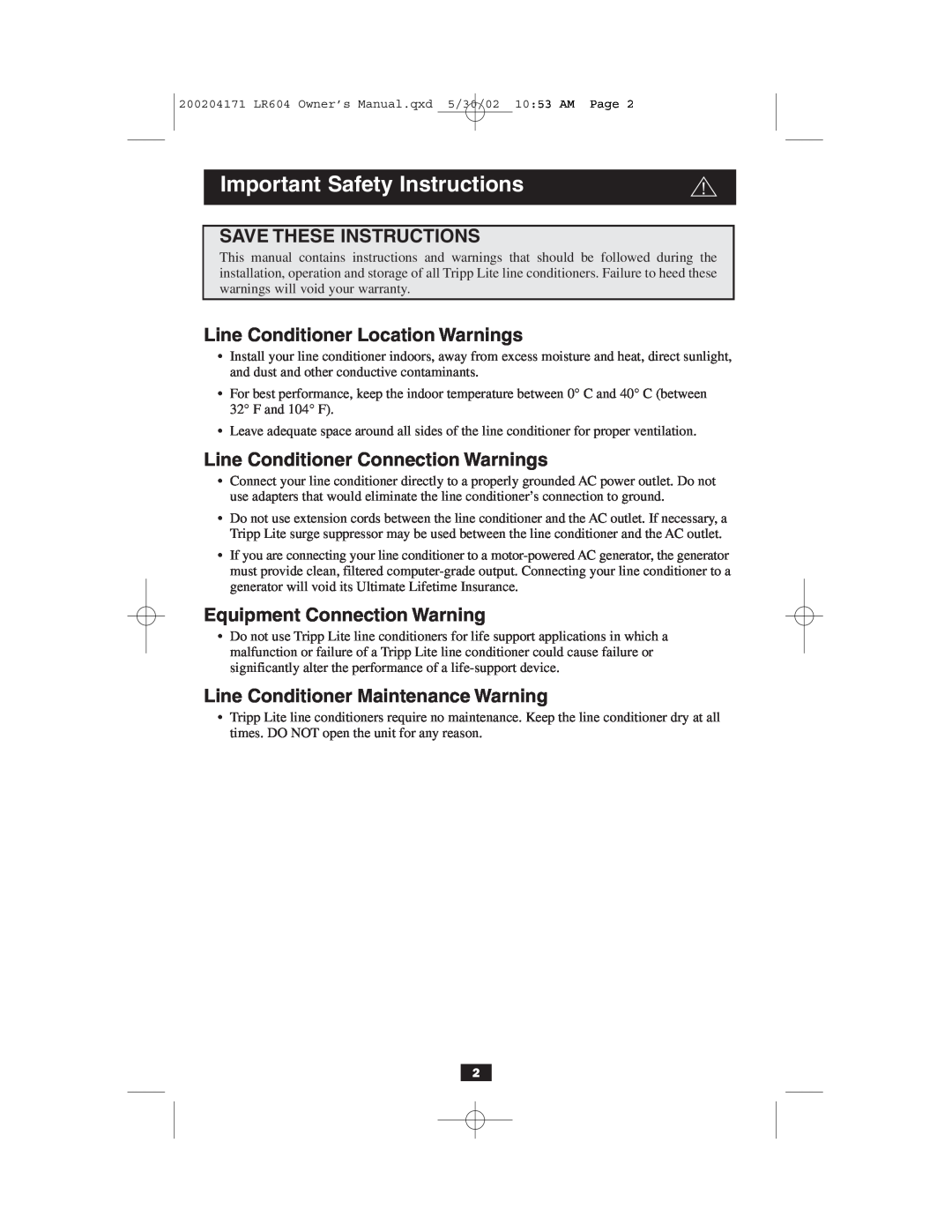 Tripp Lite 230V owner manual Important Safety Instructions, Save These Instructions, Line Conditioner Location Warnings 