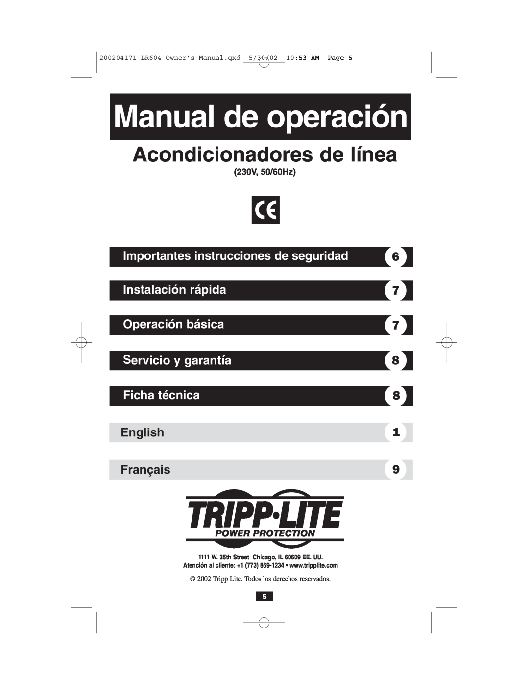 Tripp Lite 230V Manual de operación, Acondicionadores de línea, Importantes instrucciones de seguridad, Instalación rápida 