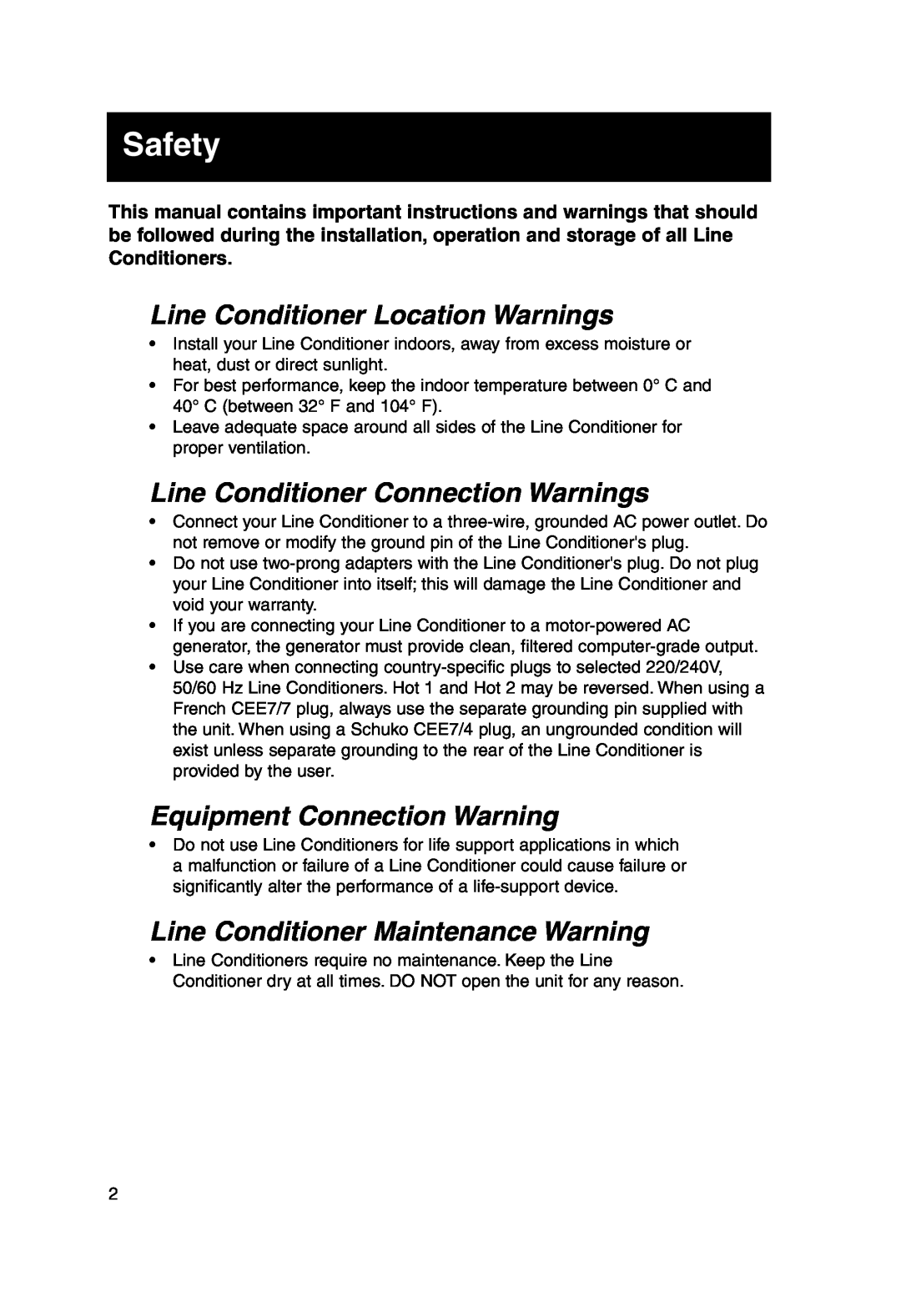 Tripp Lite 230V owner manual Safety, Line Conditioner Location Warnings, Line Conditioner Connection Warnings 