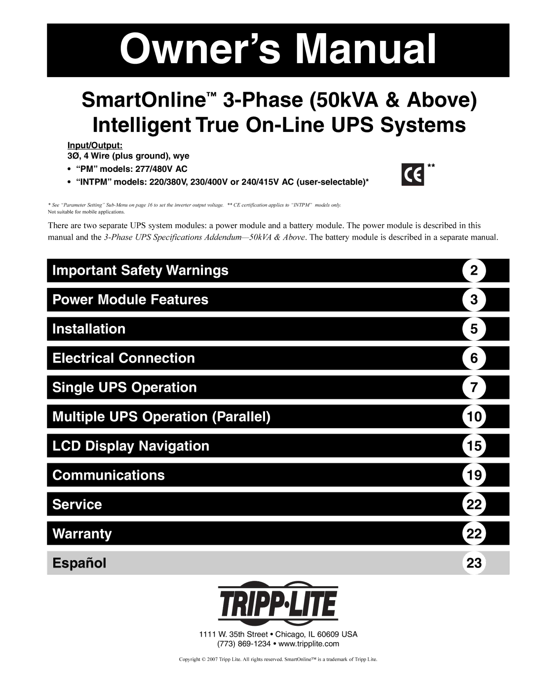 Tripp Lite 230/400V, 240/415V AC, 277/480V AC, 220/380V owner manual Español 